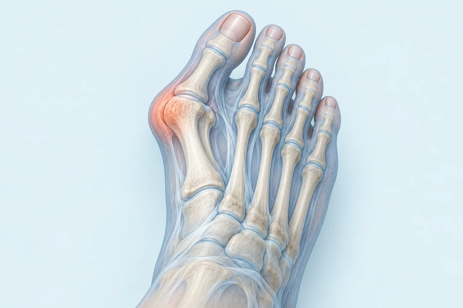 Vereinfachte anatomische Illustration eines Fußes mit Hallux valgus und hervortretendem Großzehenballen.