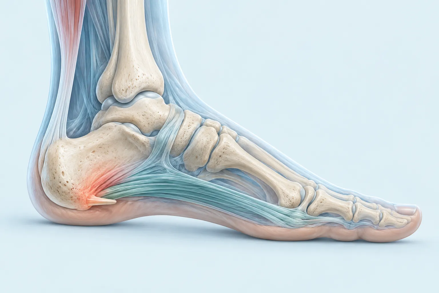 Vereinfachte anatomische Seitenansicht von Ferse und Fußsohle mit Plantarfaszie und unterem Fersensporn.