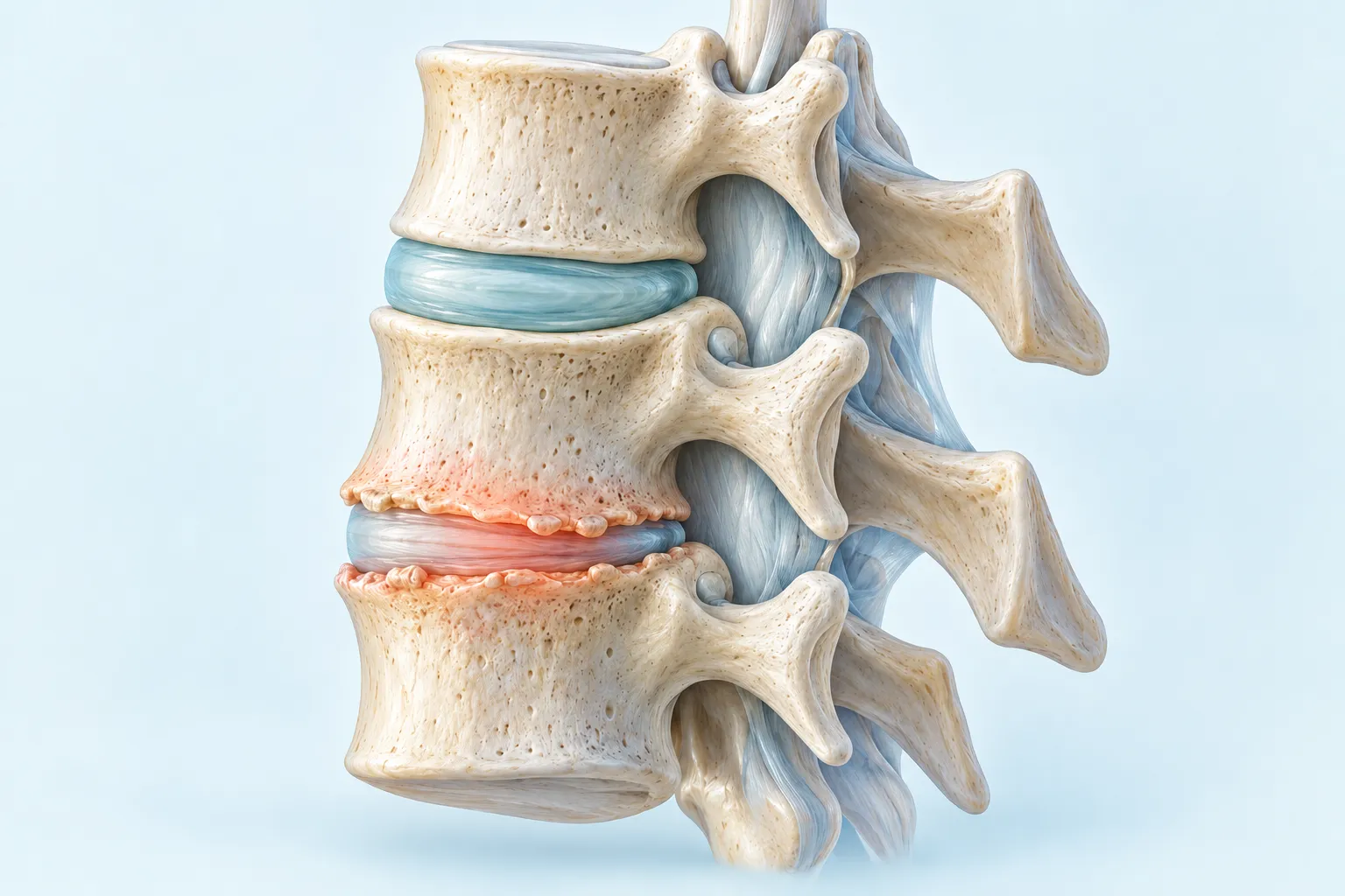 Vereinfachte anatomische Illustration von Wirbelkörpern und Bandscheiben mit einem degenerativ veränderten unteren Segment.