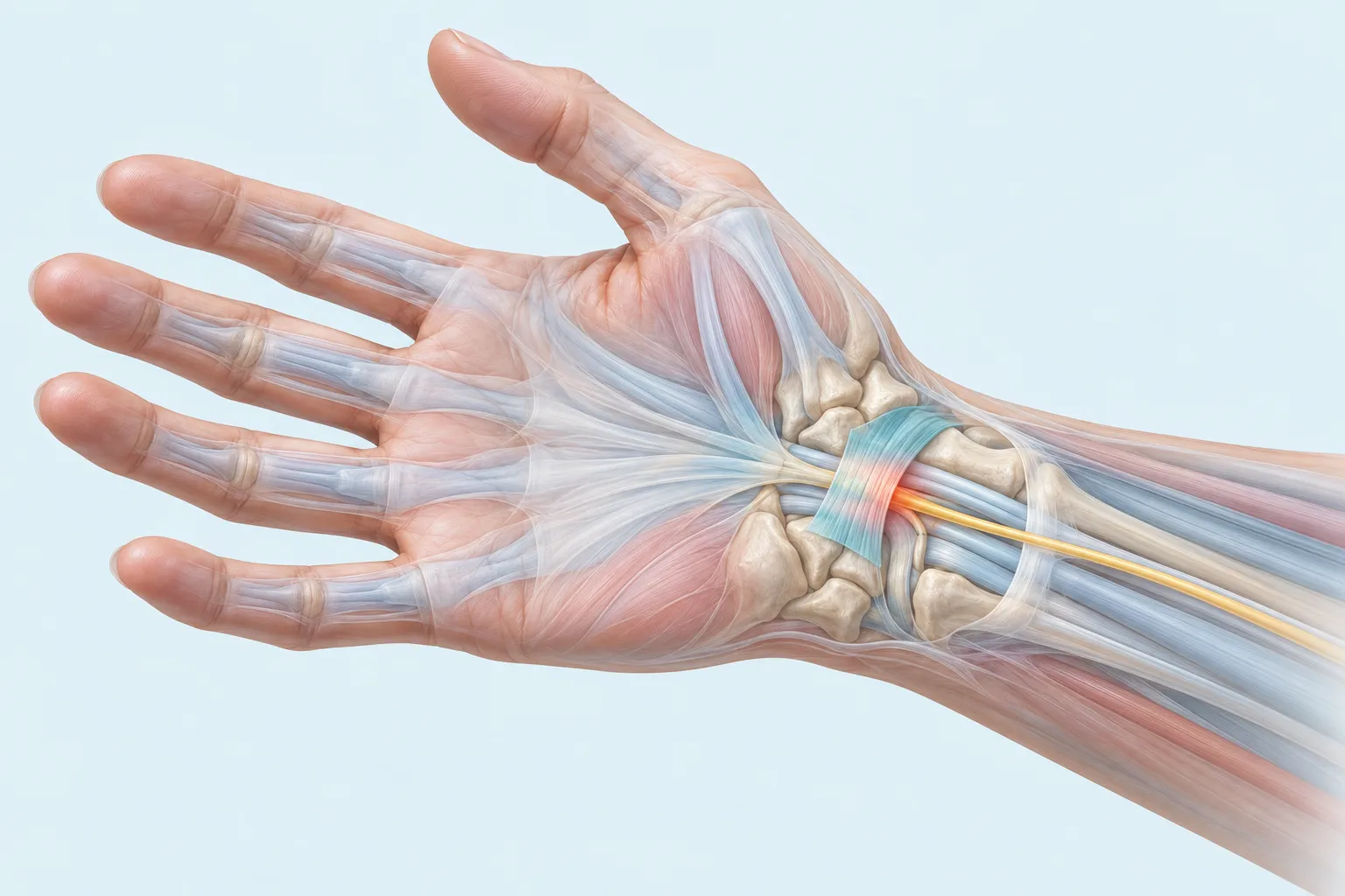 Vereinfachte anatomische Illustration der Handfläche mit Mittelnerv und Karpalband am Handgelenk.