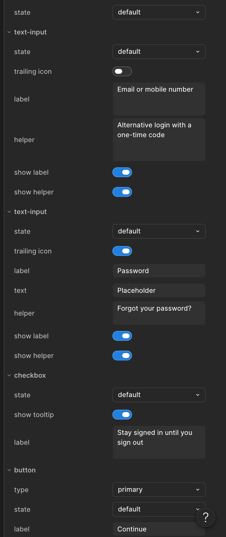 User interface settings panel showing configurable options for text-input fields, checkbox, and button, including states, labels, helper text, and toggle switches for trailing icons, labels, and tooltips.