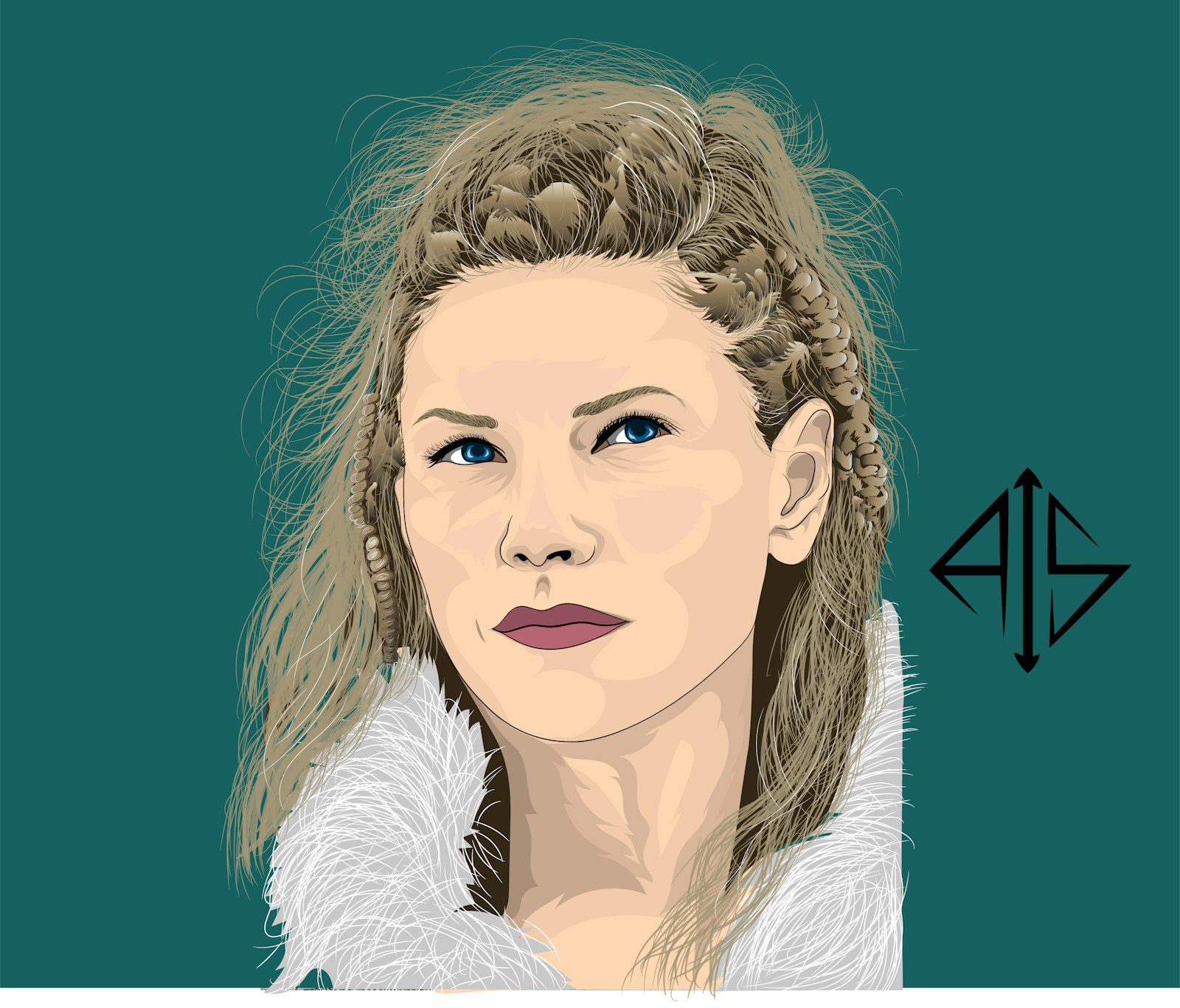 a portrait of a woman with braids and blue eyes