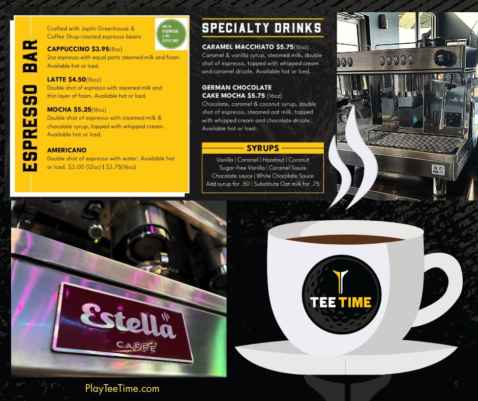 Image shows a professional espresso machine at TeeTime Golf, food, drink and entertainment venue for the Joplin Region.