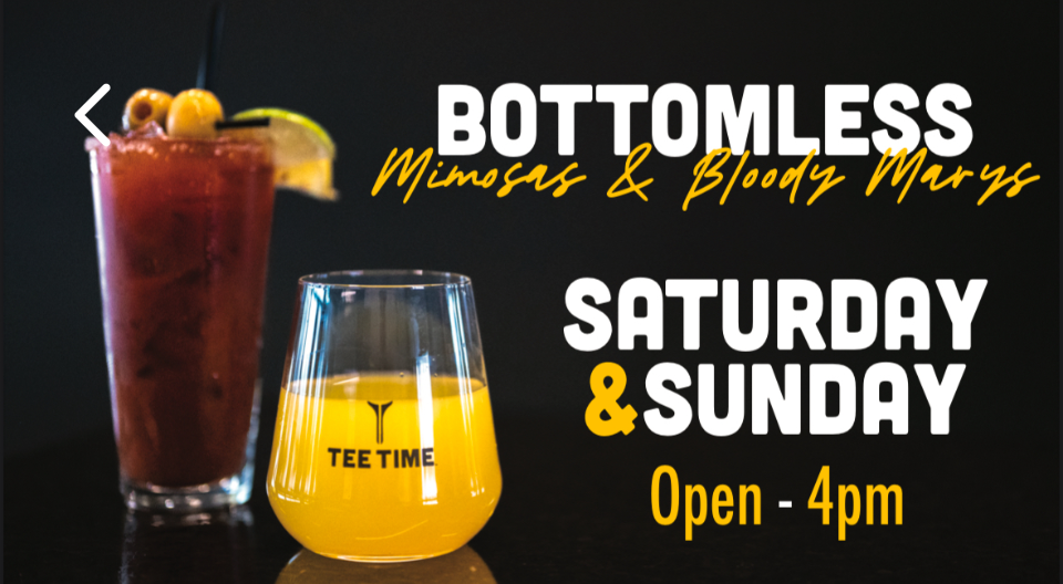 Pictured are both a Mimosa and Bloody Mary showing that TeeTime is a gastropub with full sports bar and restaurant
