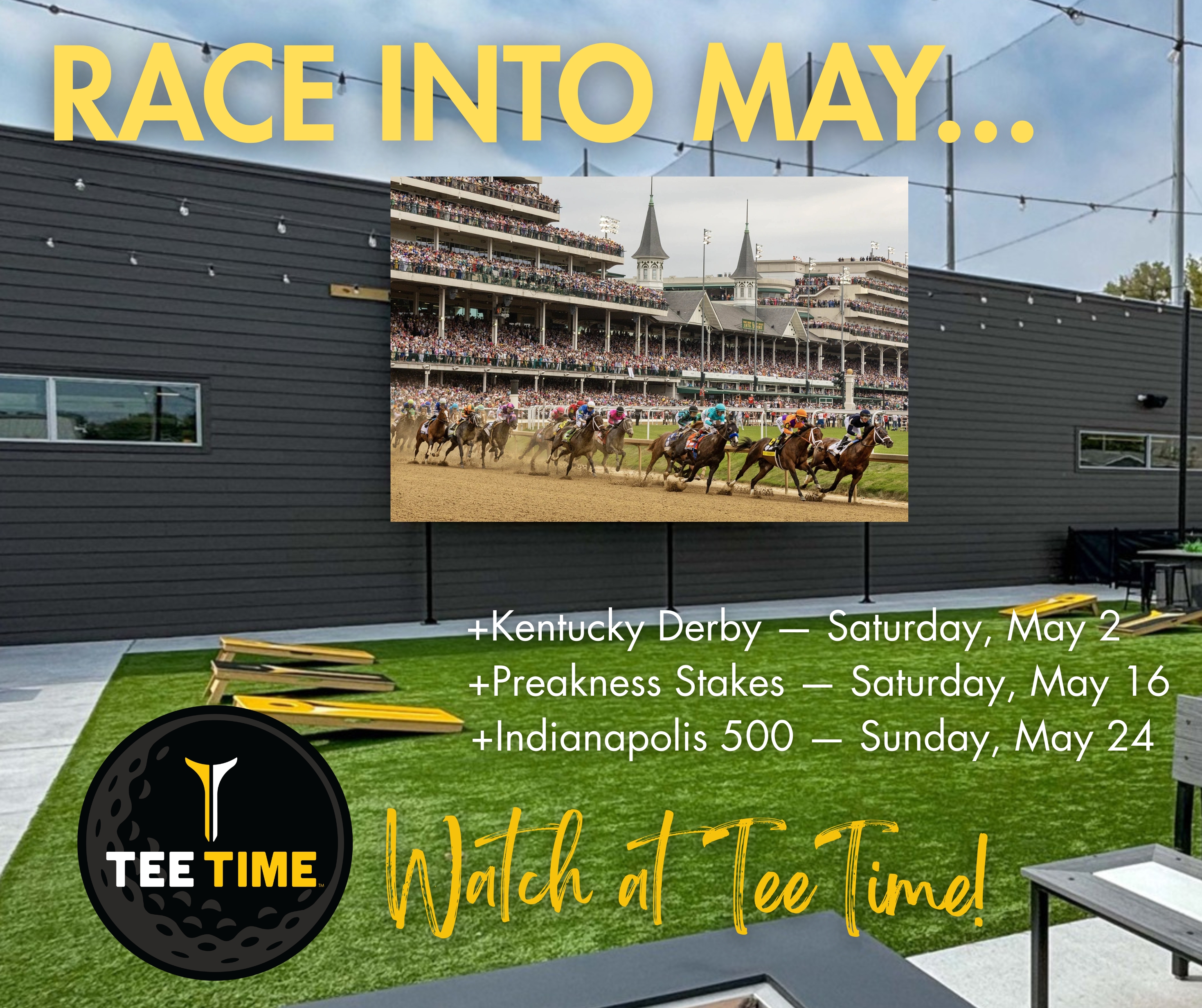 Picture is of the Kentucky Derby being shown on the outdoor big screen at TeeTime. TeeTime is the best place in the Joplin Region to watch sporting events. 