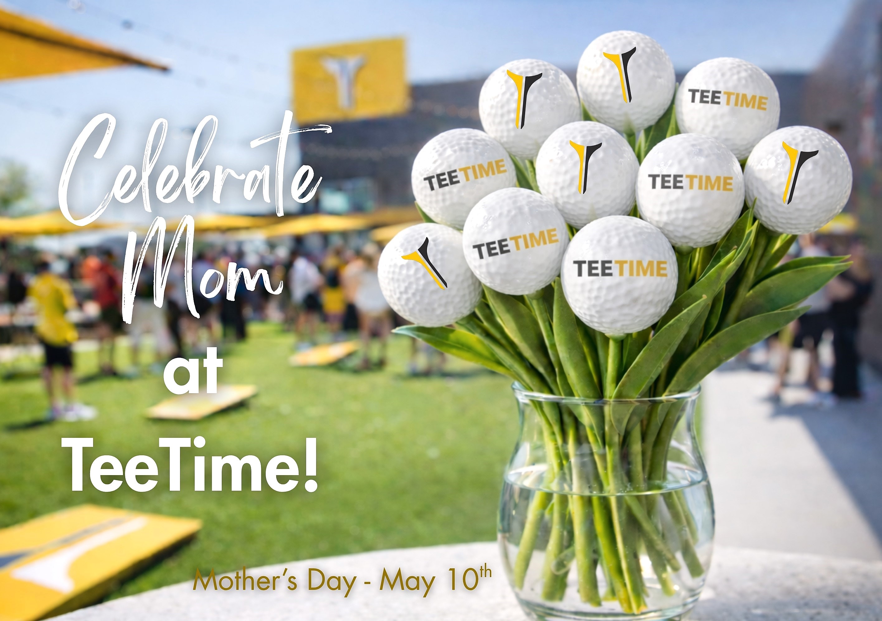 Pictured is a vase of lowers with blooms that are golf balls signifying that TeeTime Golf and Entertainment is a great place to celebrate Mother's Day in the Joplin region. 