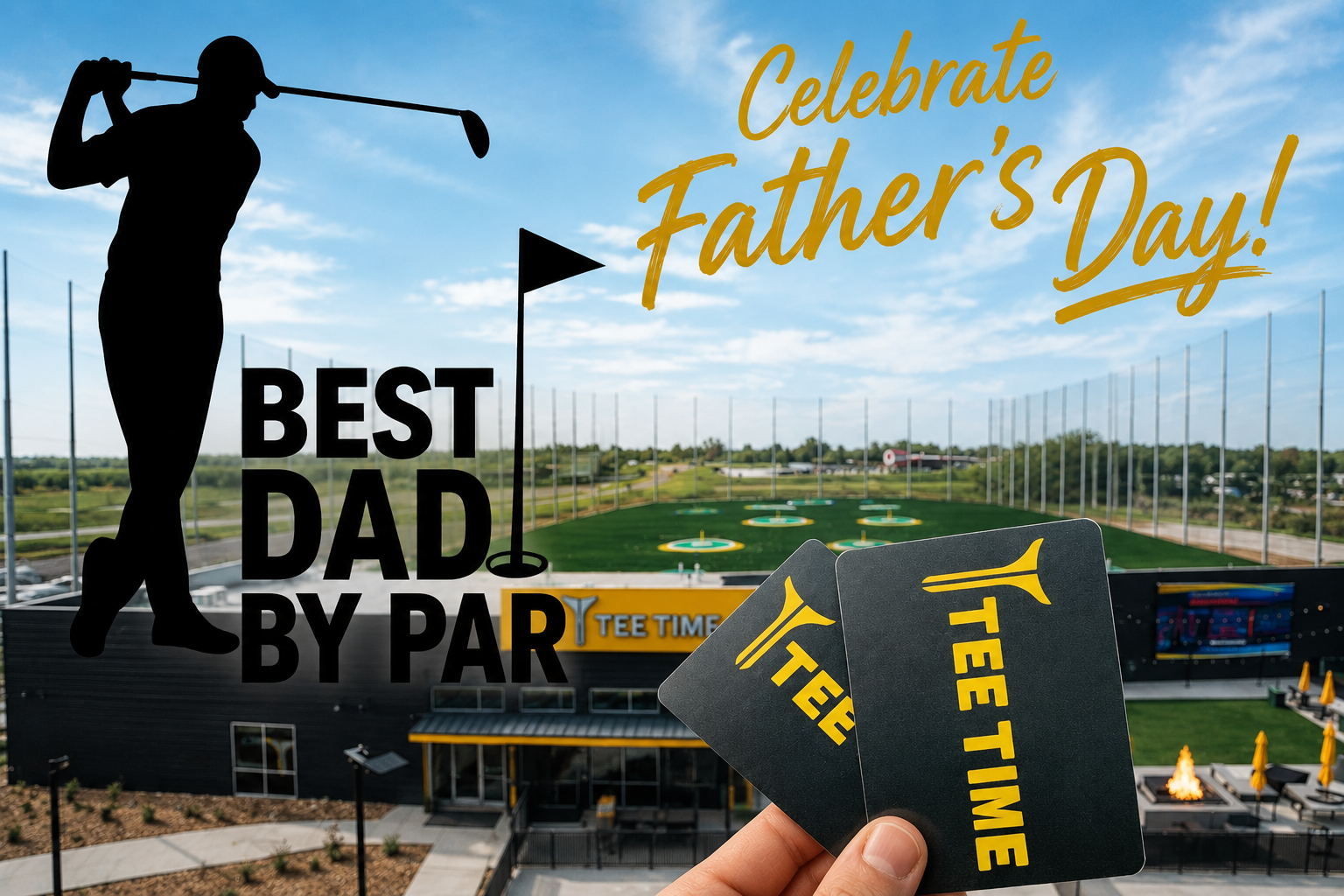 Pictured is a Dad Golfing along with TeeTime Gift Cards and an overview of the golf facility showing that this Sports Bar, Restaurant, Golf, Pickleball, Conrnhole Destination is really something that can be enjoyed for Father's Day by the entire family.