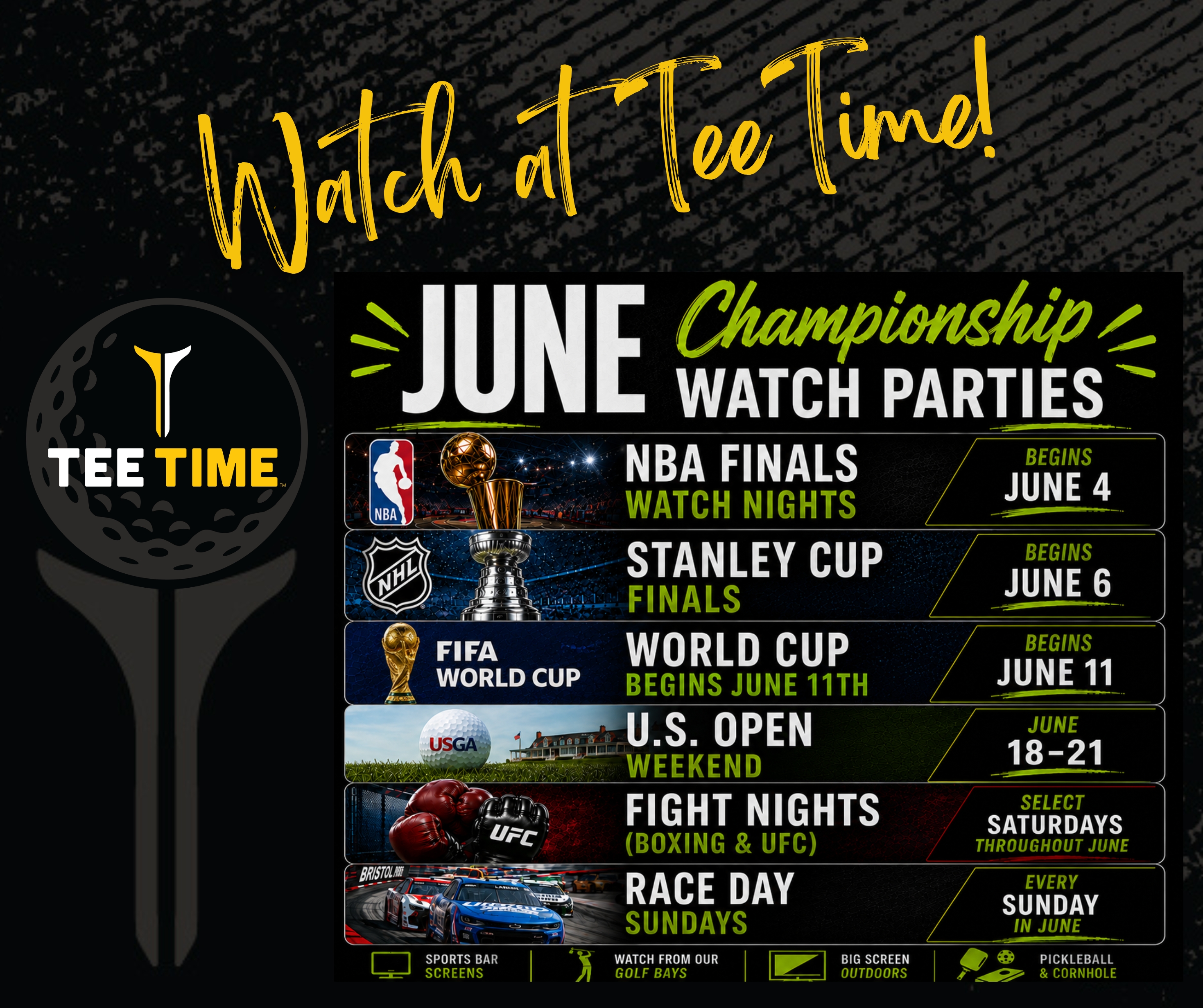 Pictures are all the Sports going on in June that you can watch at TeeTime in Webb City, the Joplin Regions Premier Entertainment Venue. 