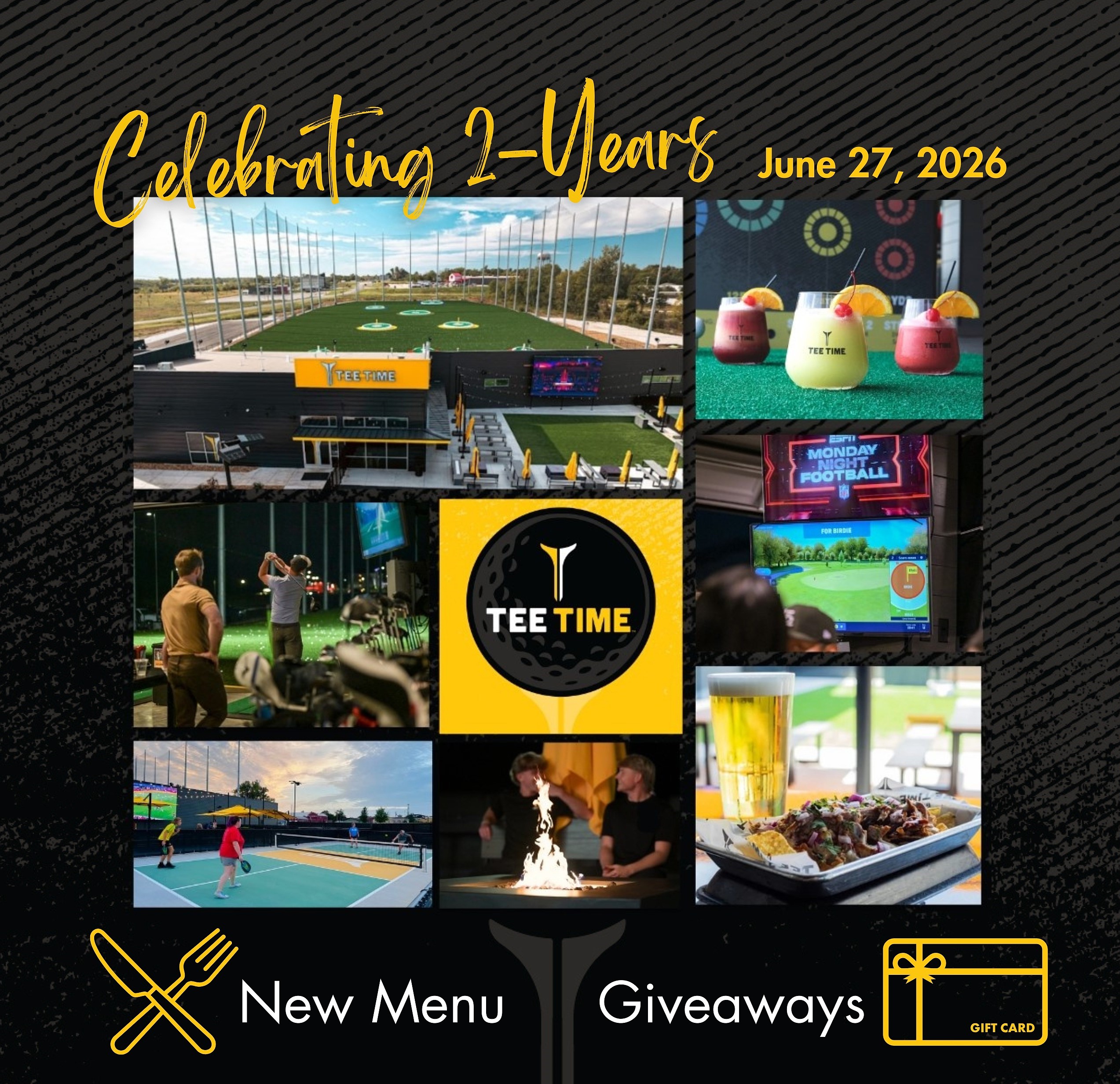 Pictured is an image that shows the many things you can do at Teetime. More than golf, there's great food and drinks, cornhole and pickleball, and a great sports bar to hang out and watch your favorite games. Also, outdoors on the Jumbotron. 