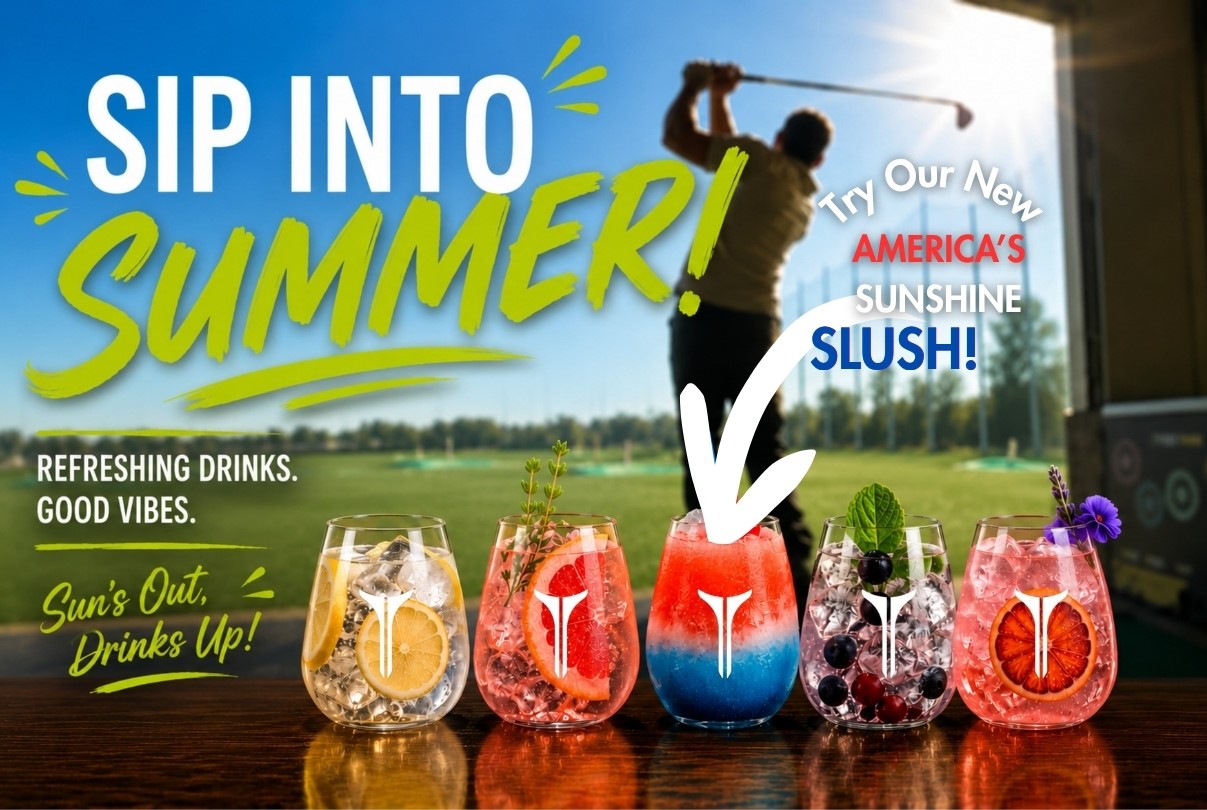 Pictures is a golfer and a lineup of TeeTimes Seasonal Slushies