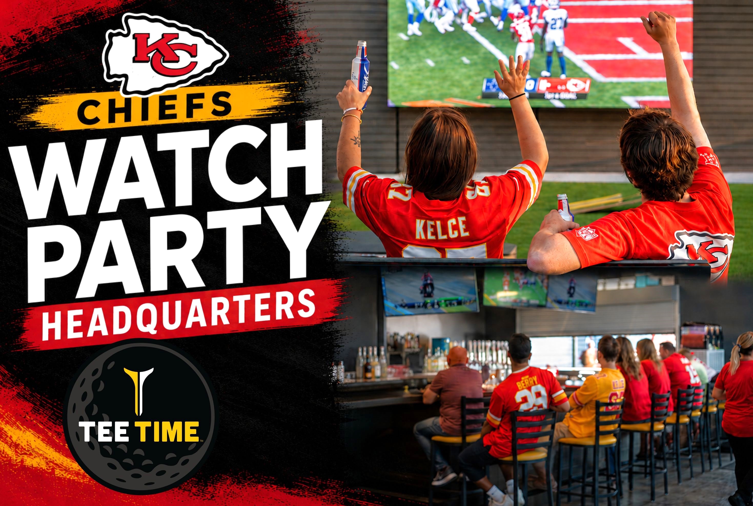 Pictured are various people enjoying NFL Kansas City Chiefs games at TeeTime in Webb City Missouri 
