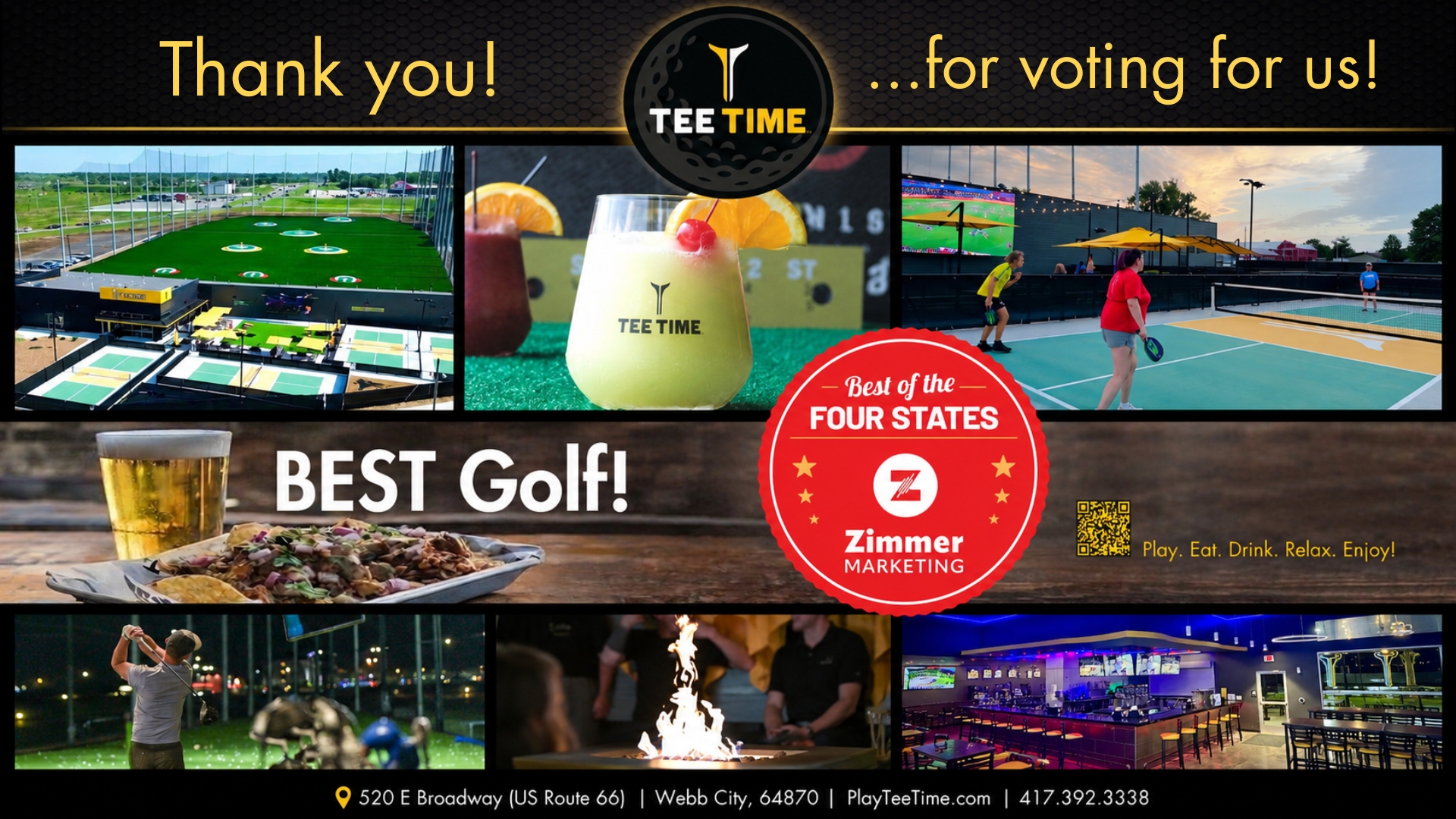 Pictured is TeeTime's award for winning Best Golf in the Four States as well as all the fun activities you can do while at TeeTime