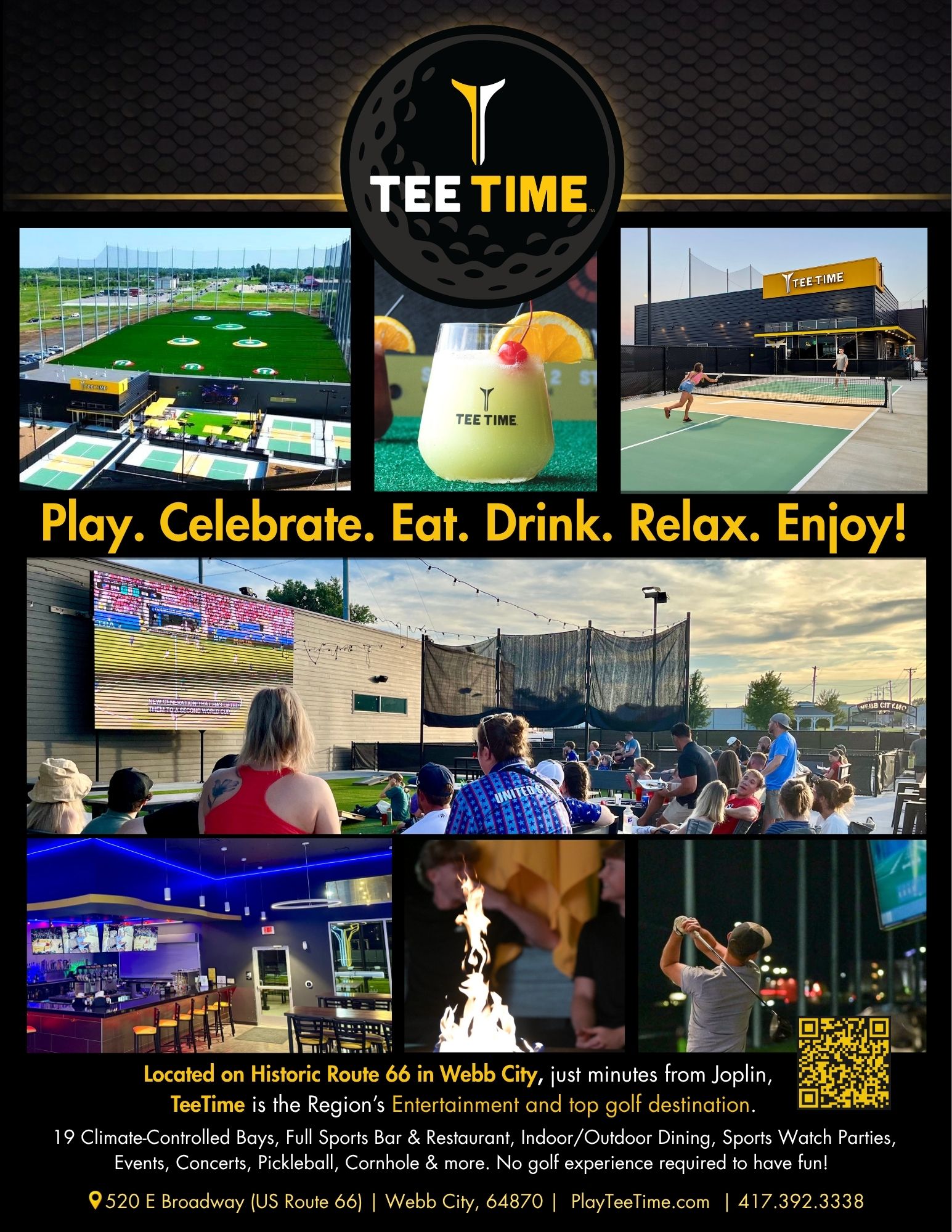 Image shows various different entertainment, gastropub and golf experiences at TeeTime, Joplin Favorite Golf and Entertainment Venue