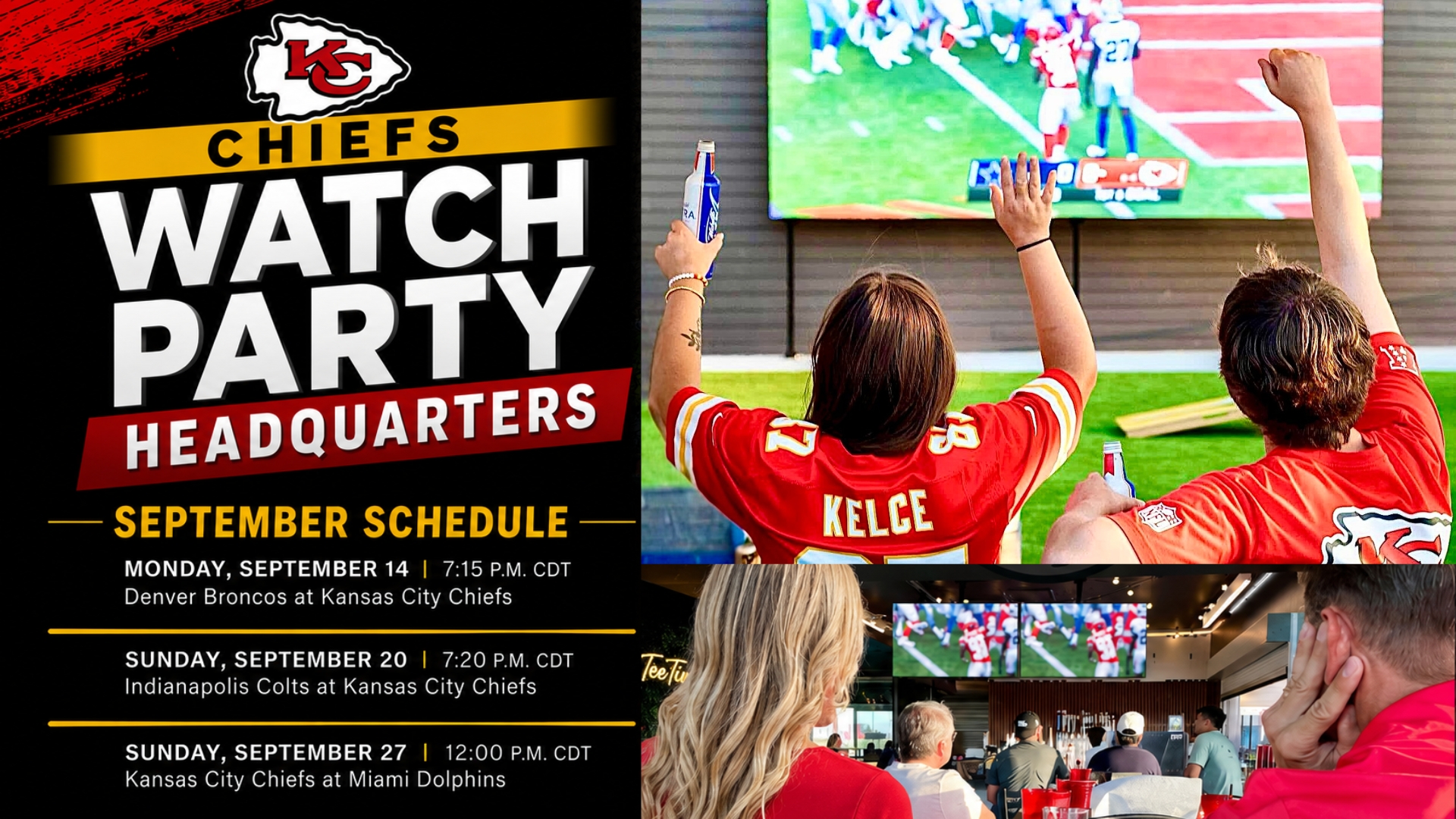 Pictured are various people enjoying NFL Kansas City Chiefs games at TeeTime in Webb City Missouri