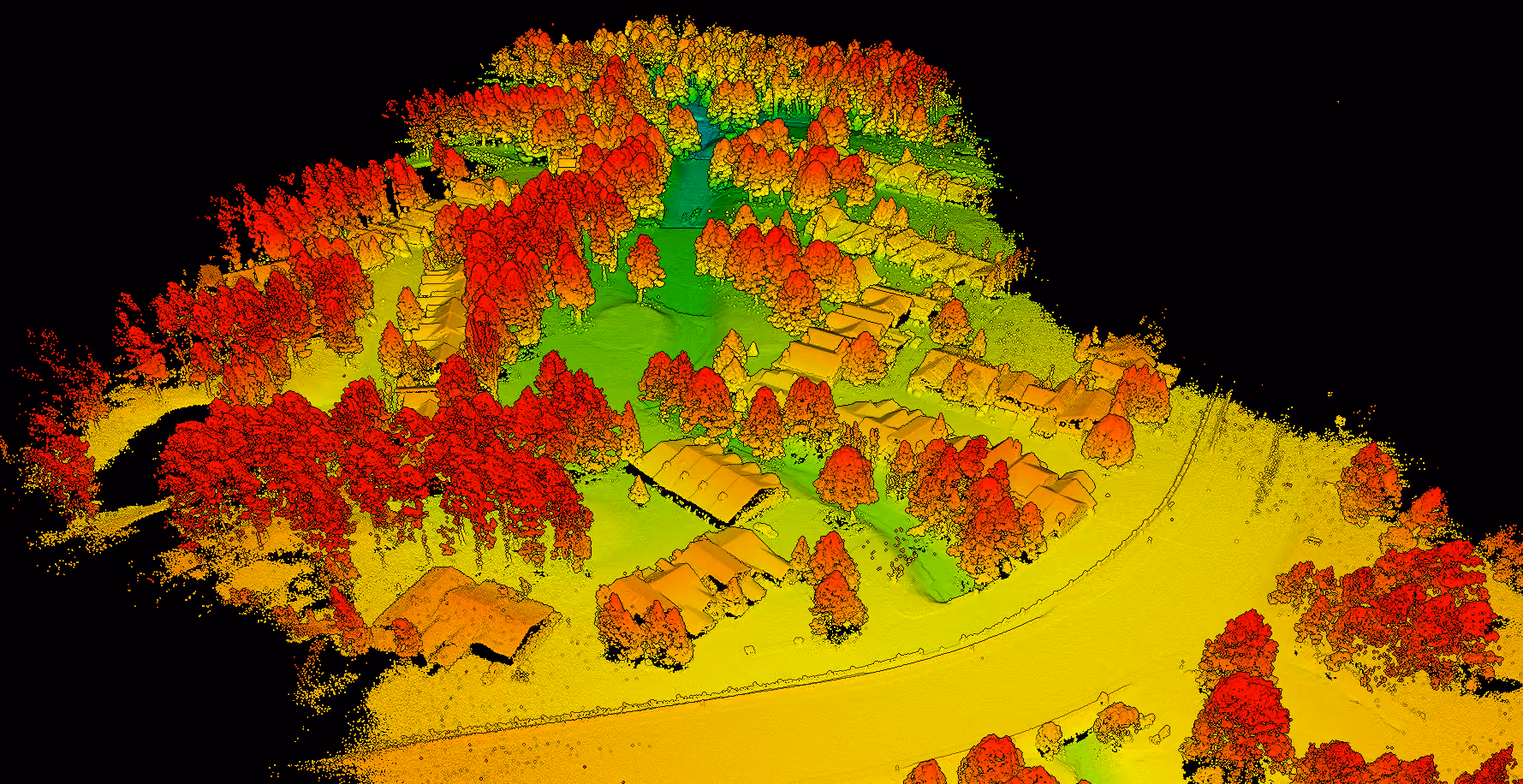 LiDAR point cloud and 3D map showing trees and buildings with height variations in red, orange, yellow, and green.