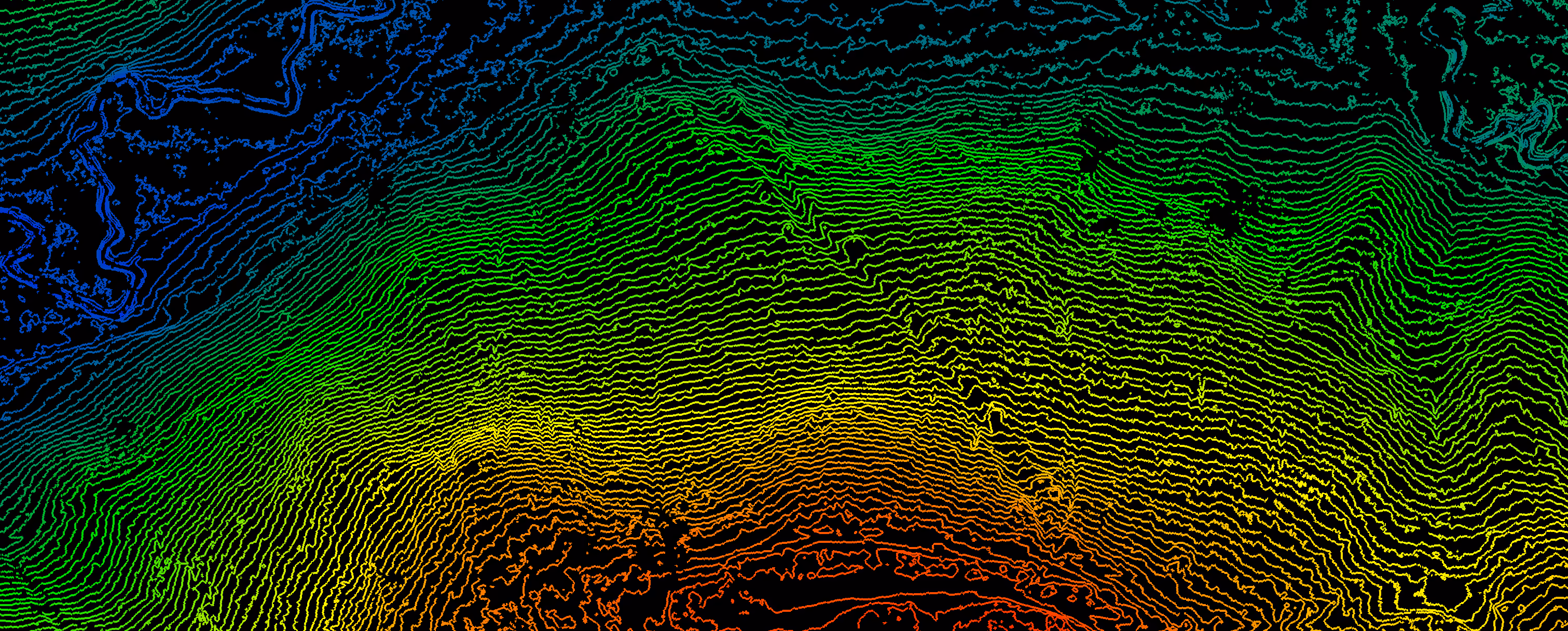Topographic map with colorful contour lines transitioning from blue to red on a black background.