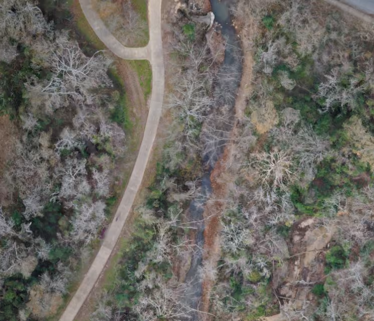 Aerial orthomosaic of a winding river and a paved path cutting through a leafless forest area.