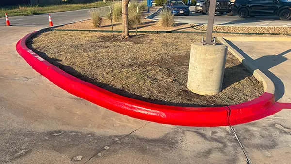 A curved red fire lane.