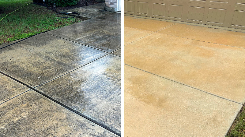A photo of before/after a driveway has been pressure washed.