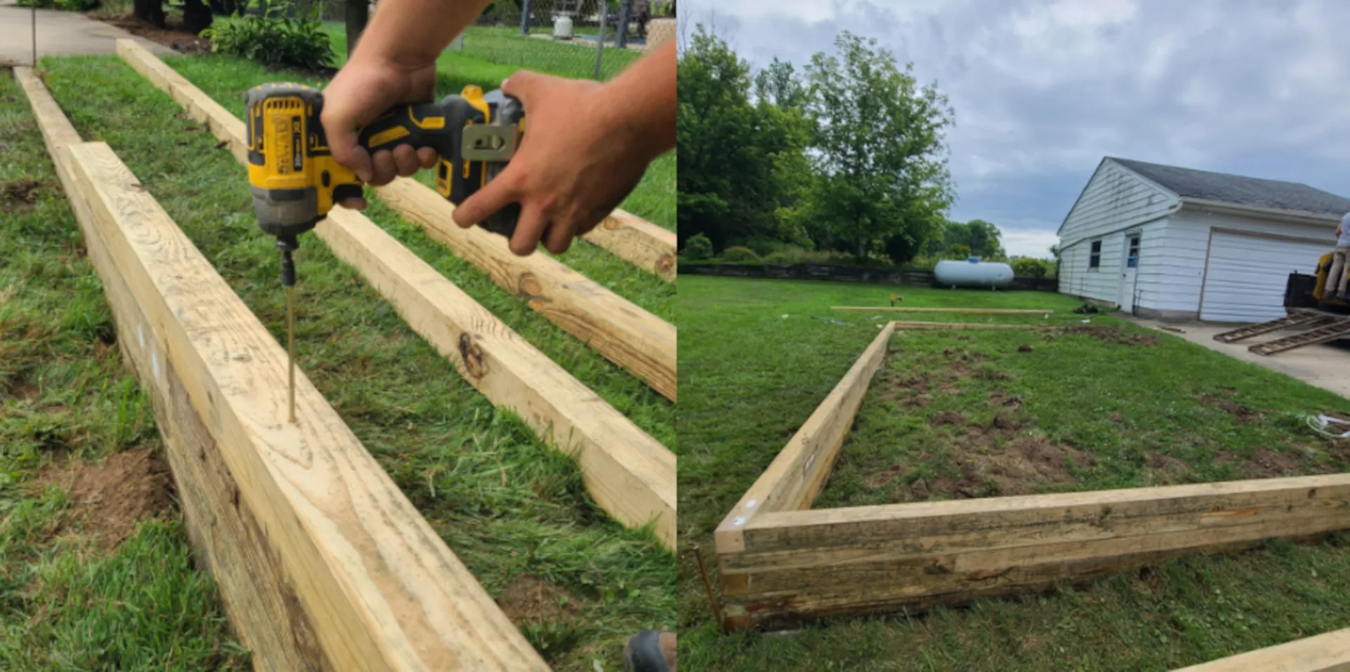man drilling boards in place on the left side, and a wide view of the site layout on the right. framed with treated 4x4s