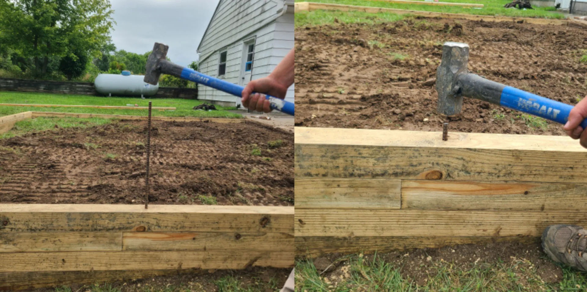 a person hammering rebar into the 4x4 planks of wood with a blue sledgehammer