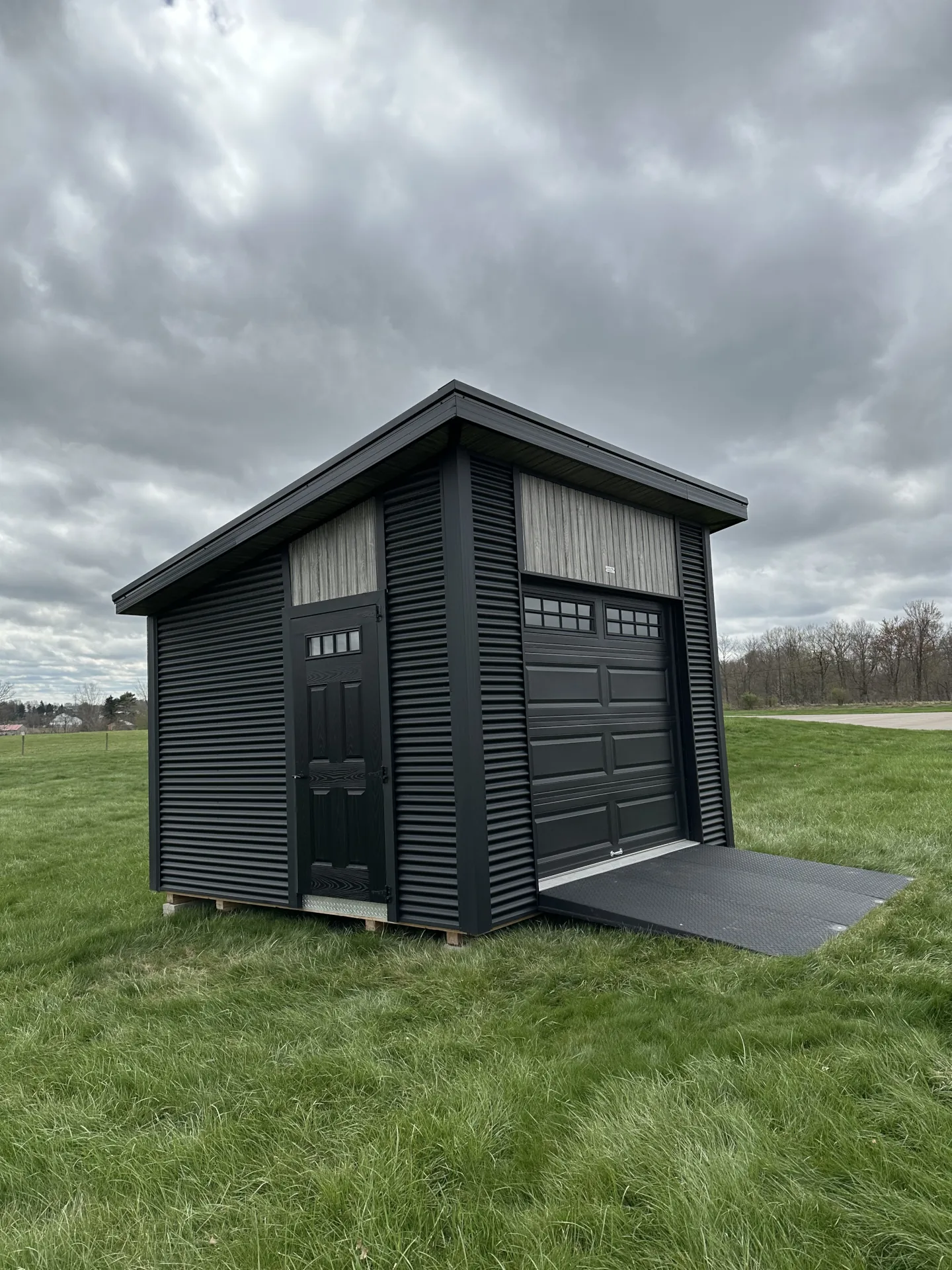 Modern black shed with side door and garage door on grassy field under cloudy sky.