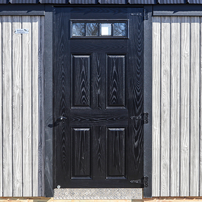 36'' Single black 4-lite Fiberglass Door on wooden shed