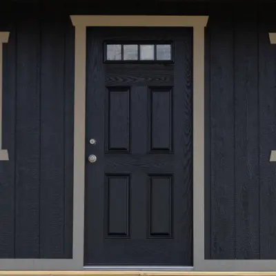 Black front door with small rectangular window at the top, surrounded by dark vertical siding and gray trim.