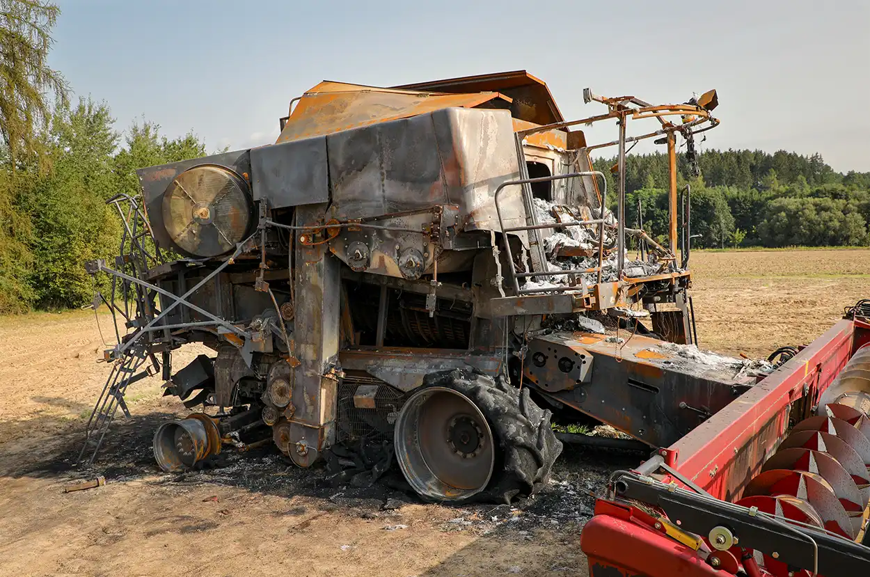 damaged combine from fire