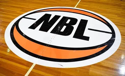 The NBL logo on a timber court