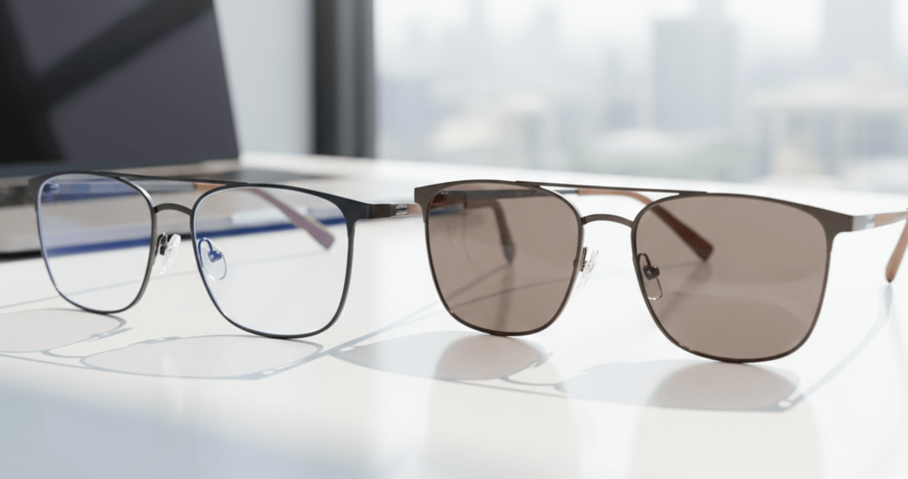Two pairs of glasses on a desk. One clear and one tinted—demonstrating the transition of photochromic lenses.