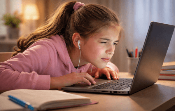 Schoolgirl squinting and leaning very close to a laptop at a desk, showing eye strain during screen use.