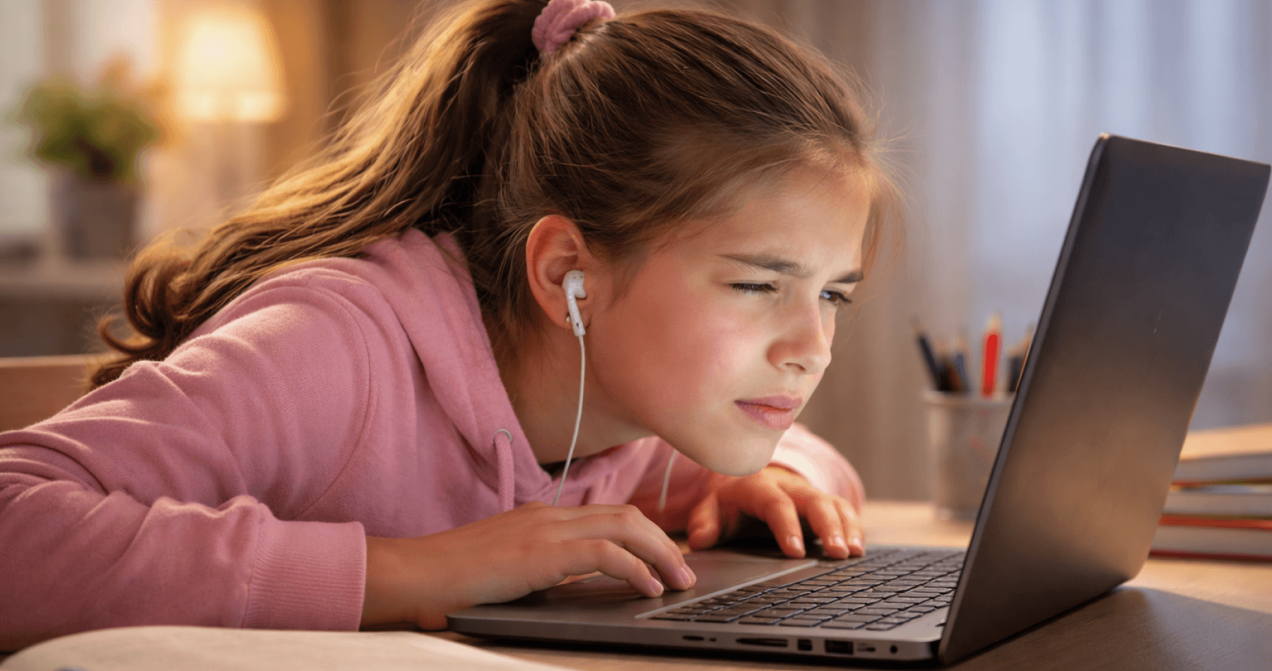 Schoolgirl squinting and leaning very close to a laptop at a desk, showing eye strain during screen use.