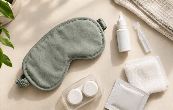 Warm flat lay of an eye mask, eye-care supplies, sterile gauze, and a contact lens case arranged on a neutral background.