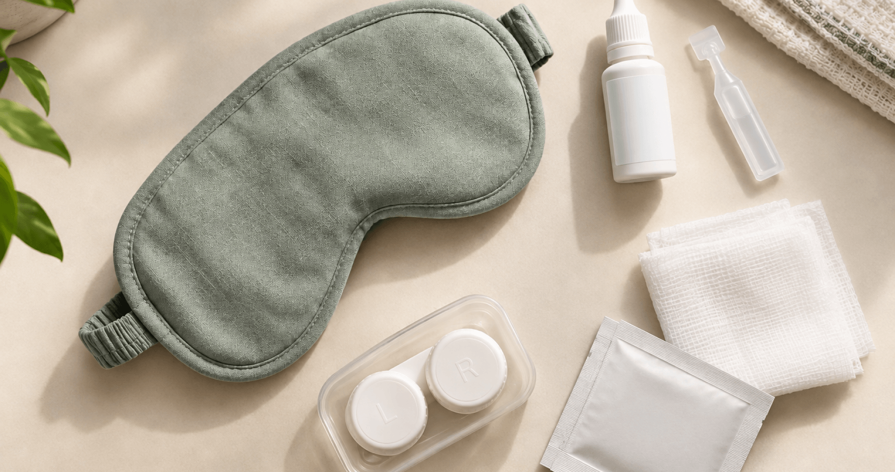 Warm flat lay of an eye mask, eye-care supplies, sterile gauze, and a contact lens case arranged on a neutral background.