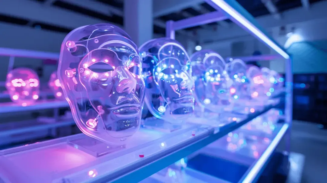Transparent LED facial masks with colorful lights, neatly arranged on shelves in a factory - like setting.