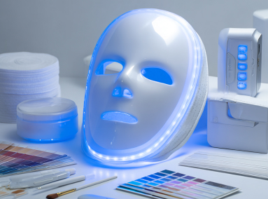 A white LED facial mask glowing with blue light, placed on a table alongside skincare items like jars, color palettes, and electronic devices, creating a beauty - tech display