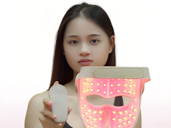 A woman with long hair is holding a white - colored remote control in one hand and a LED facial mask illuminated with pink light in the other hand.