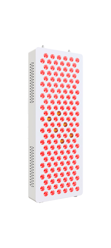 A close - up of an LED panel. It has rows of red circular LEDs neatly arranged on a light - colored base. Among them, there are several orange - and - black patterned circular elements, with a zigzag black pattern along the left edge.