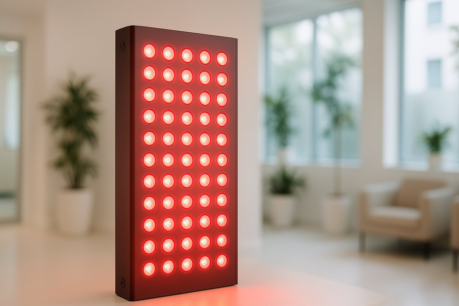A modern red light therapy panel glowing red in a clean wellness clinic room with natural light and plants.