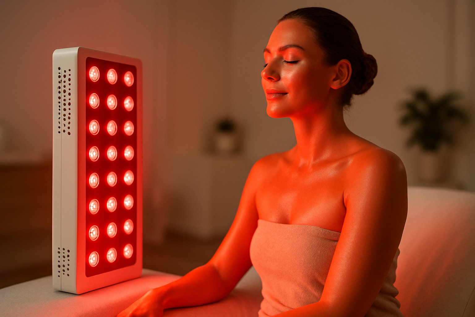 A person relaxing near a red light therapy panel emitting a warm red glow in a clean wellness setting.