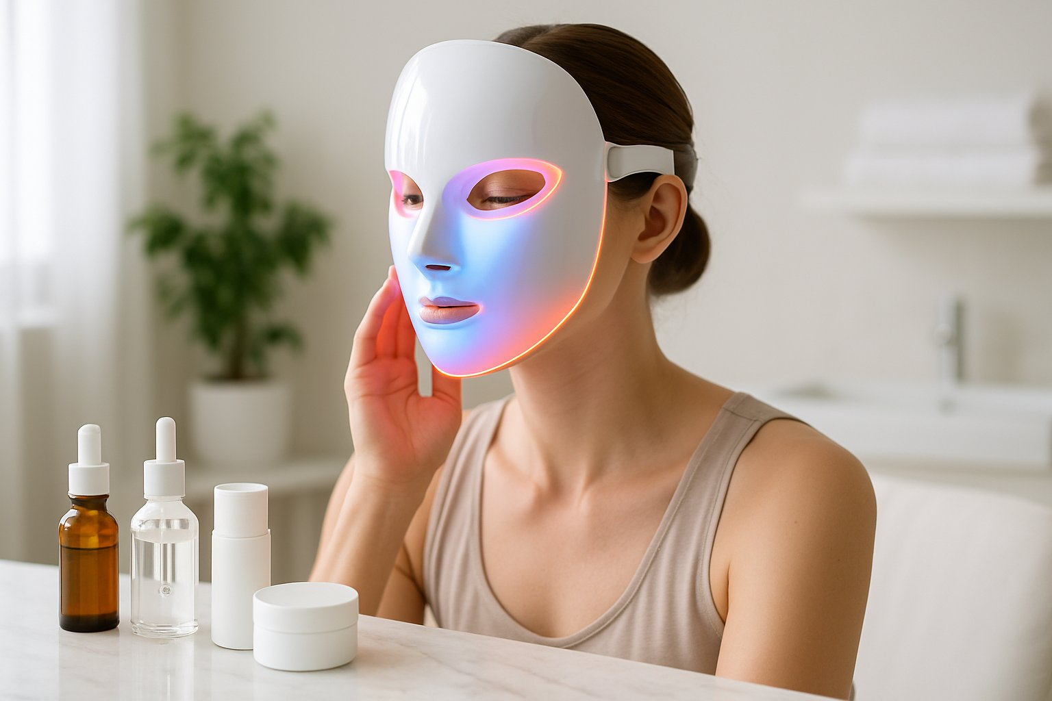 A woman wearing a glowing LED face mask in a bright, modern bathroom with skincare products on the countertop.