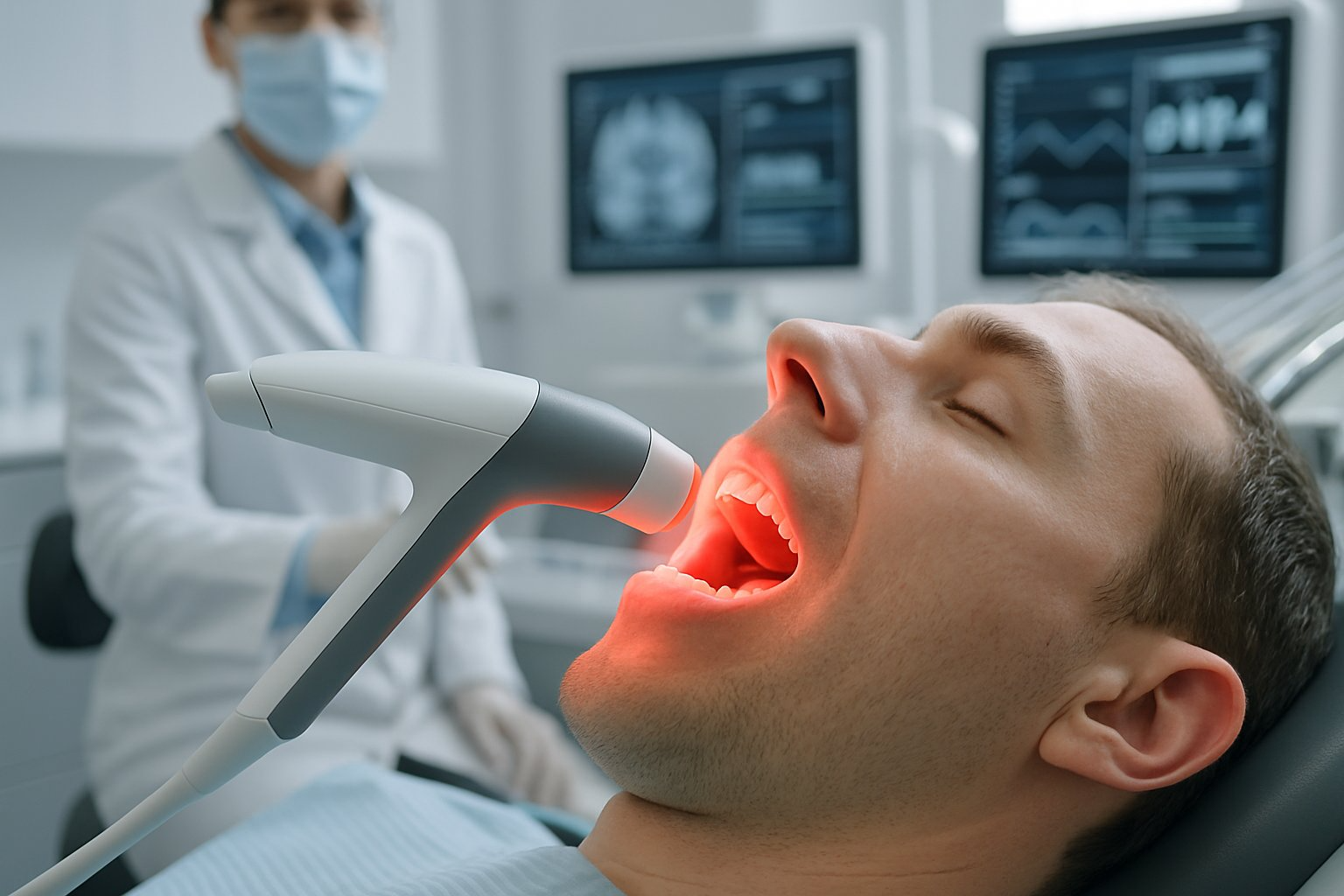 A dental professional administering red light therapy to a patient's gums in a modern dental clinic.