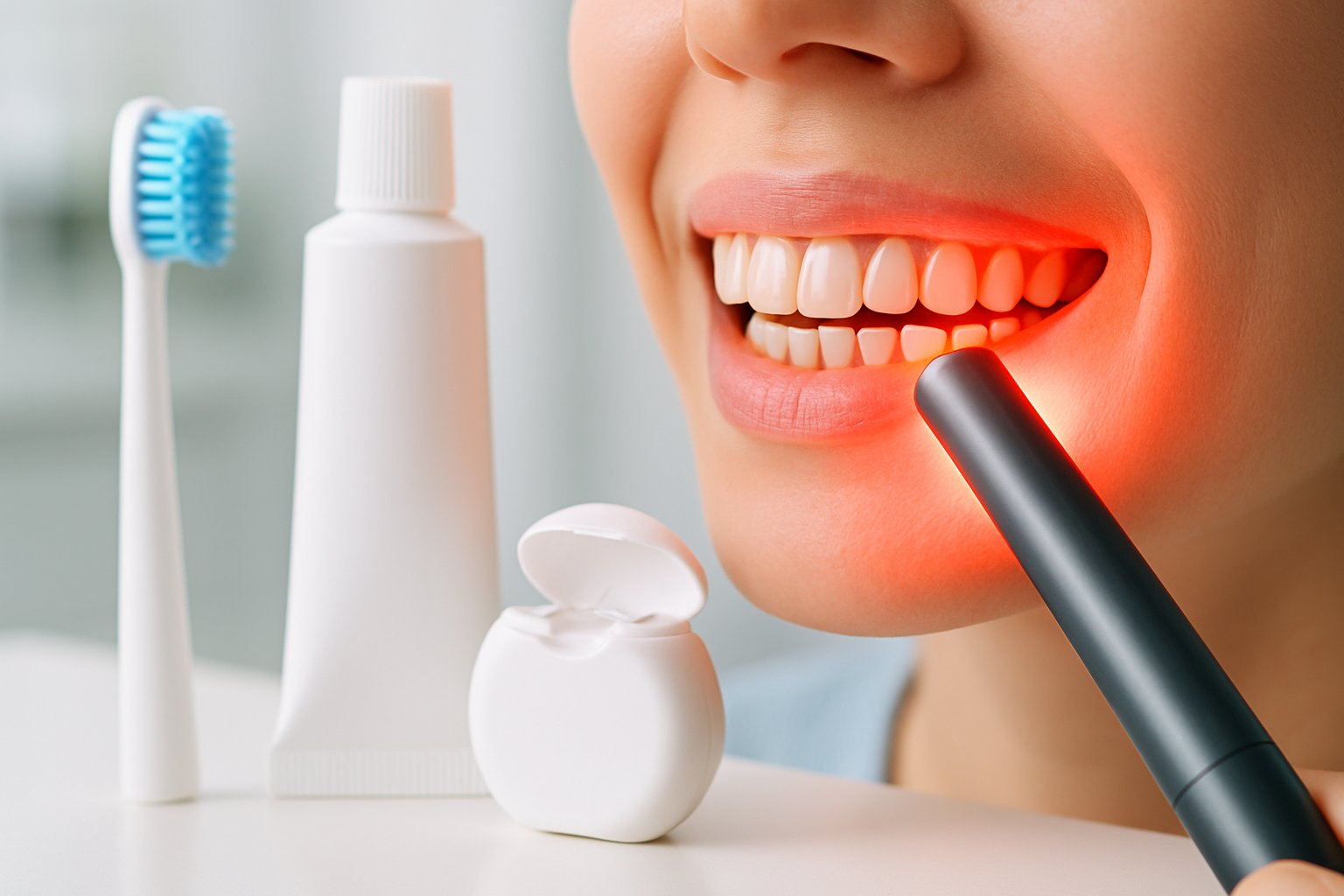 Close-up of a person's mouth receiving red light therapy on the gums with dental care items nearby on a white countertop.