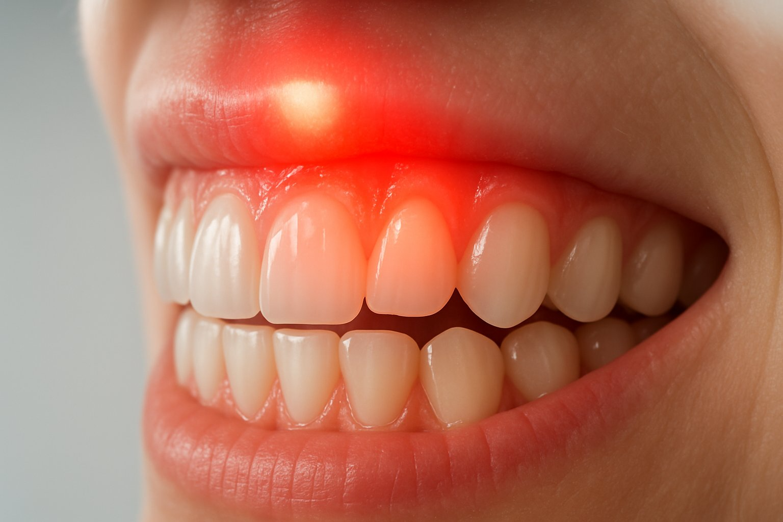 Close-up of a healthy human mouth with teeth and gums illuminated by a soft red light, representing gum regeneration therapy.