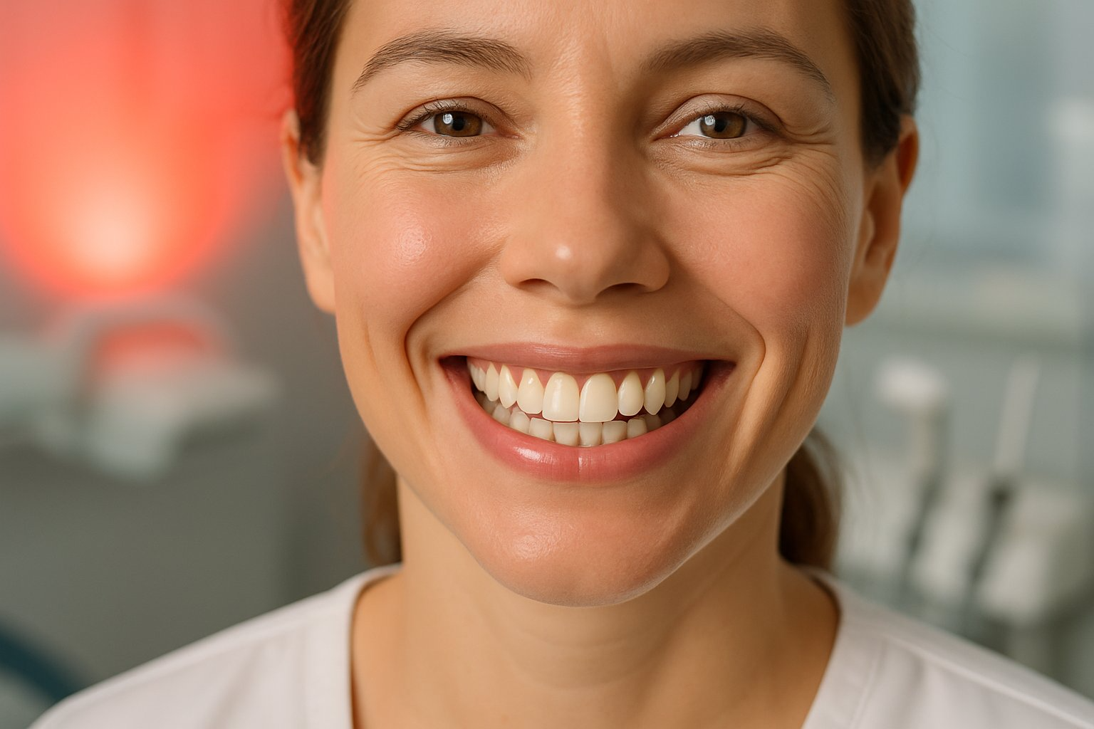 Close-up of a smiling woman showing healthy gums and teeth with a soft red light glow in the background in a dental office setting.