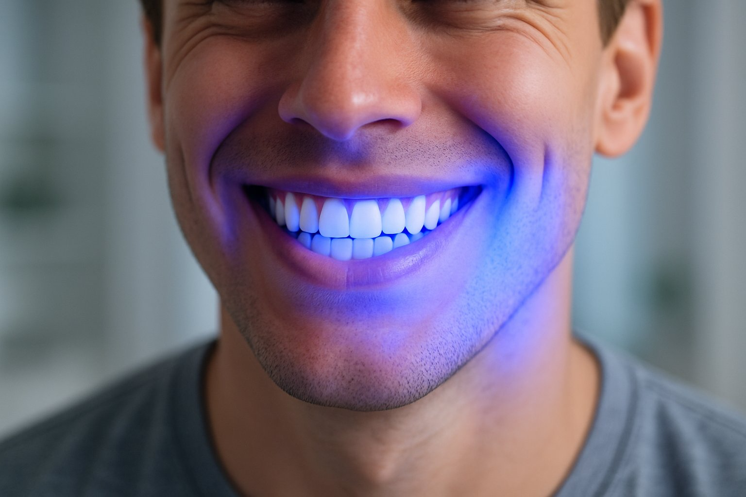 Close-up of a person smiling with bright white teeth illuminated by blue light in a modern indoor setting.