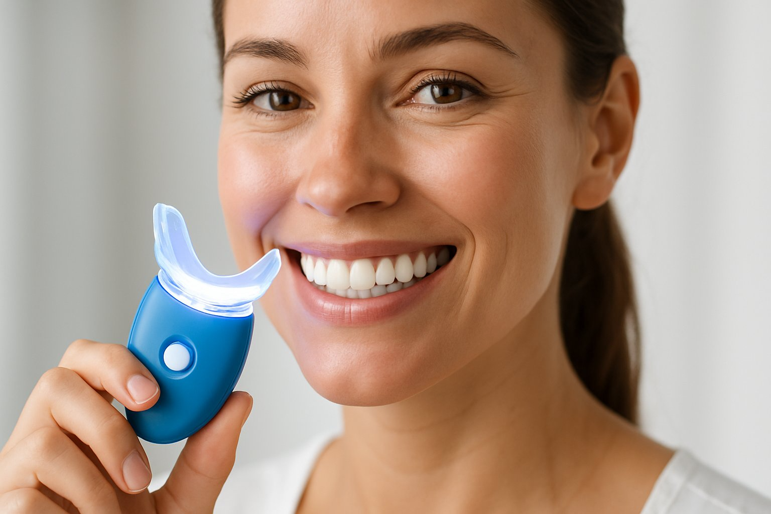 A close-up of a smiling woman holding a blue light teeth whitening device near her mouth, showing bright white teeth.