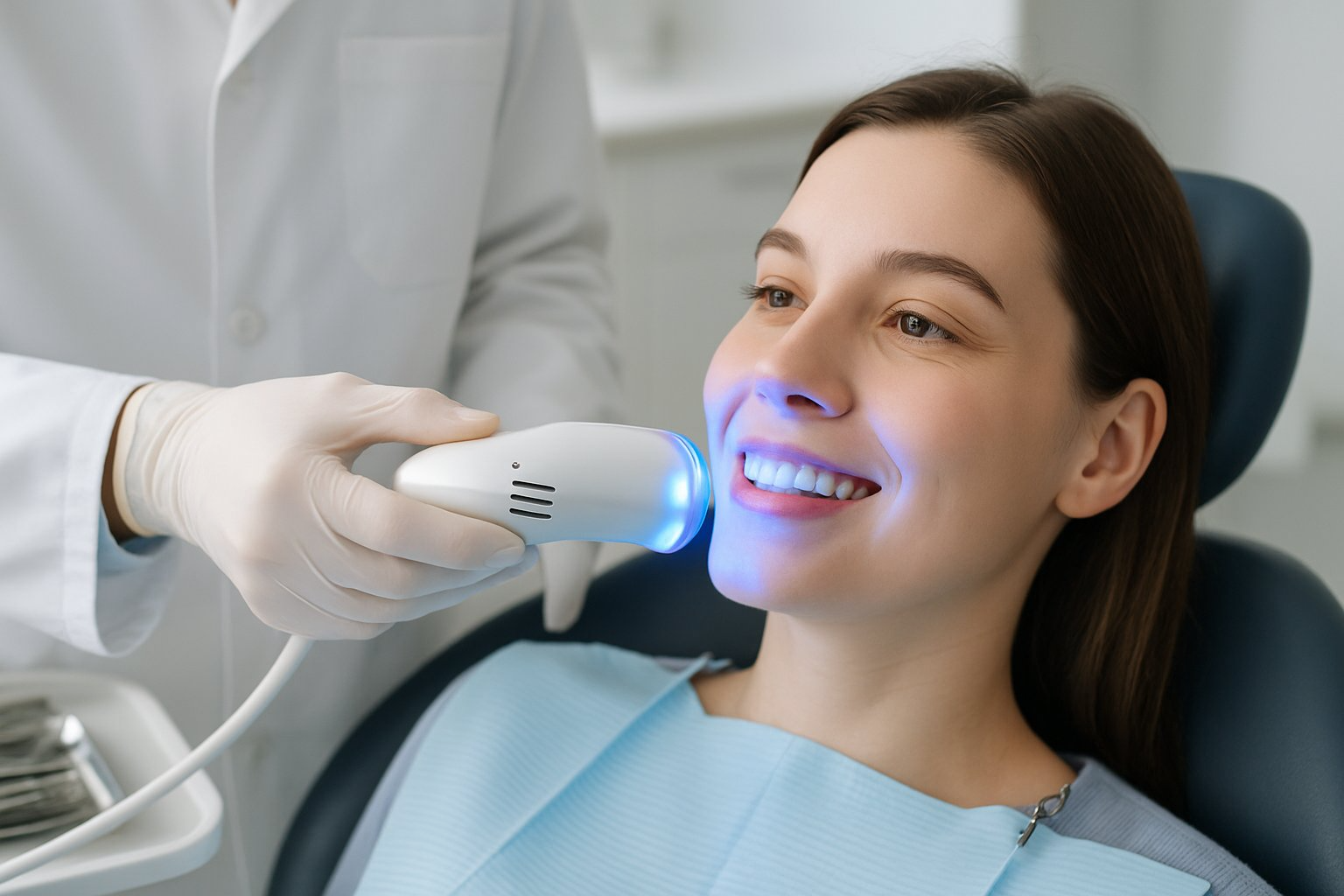 A young woman sitting in a dental chair with a blue LED light near her mouth while a dentist holds the device in a clean dental clinic.