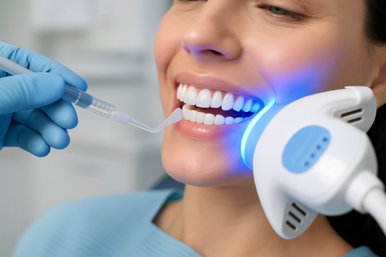 Close-up of a person receiving teeth whitening treatment with whitening gel applied and blue LED light directed at their teeth in a dental clinic.